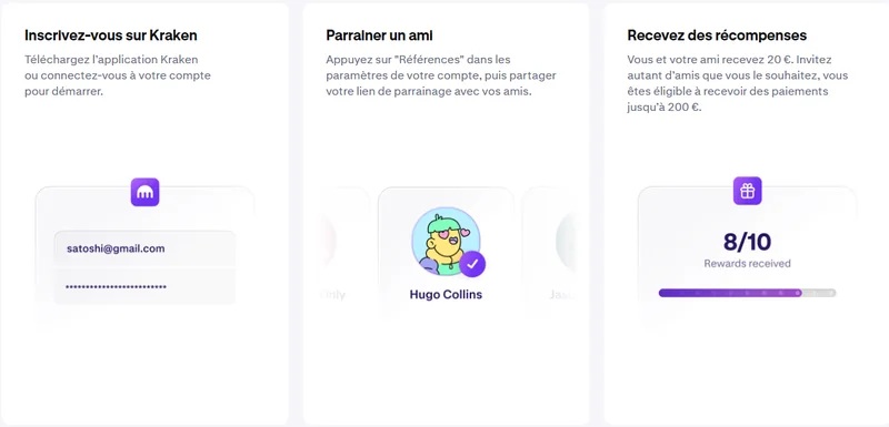 Parrainage Kraken : vous et votre ami recevez 20€ chacun, avec des paiements possibles jusqu'à 200€ en invitant plusieurs amis
