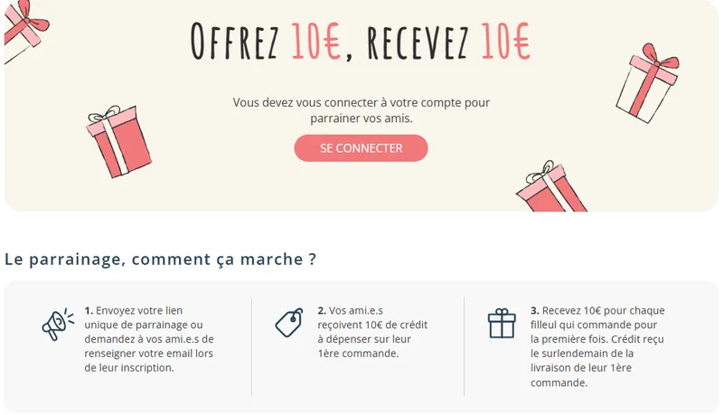 Parrainage La Belle Vie : offrez 10 euros, recevez 10 euros — le filleul reçoit 10€ de crédit sur sa première commande, le parrain 10€ le surlendemain de la livraison