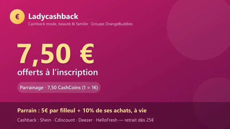 Parrainage Ladycashback : 7,50 € (7,50 CashCoins) offerts au filleul à l'inscription, 5 € plus 10 % à vie pour le parrain