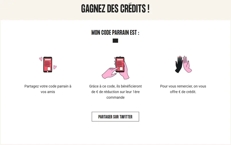 Page parrainage Lalalab « Gagnez des crédits » : partagez votre code parrain, le filleul reçoit 5€ sur sa première commande