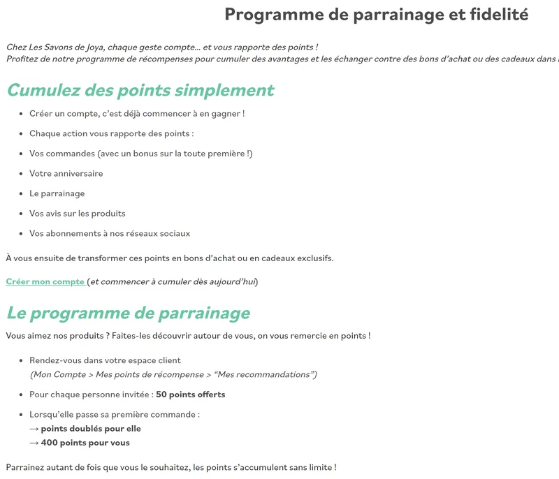 Programme officiel de parrainage et fidélité Les Savons de Joya : 50 points par invitation, points doublés pour le filleul et 400 points pour le parrain