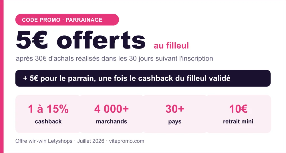 Parrainage Letyshops : 5€ offerts au filleul après 30€ d'achats sous 30 jours, 5€ au parrain, cashback 1 à 15% sur 4000+ marchands