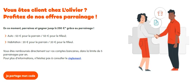 Offre parrainage L'olivier Assurance : 50€ pour le parrain et 50€ pour le filleul en auto, 20€ chacun en habitation, remboursés par virement