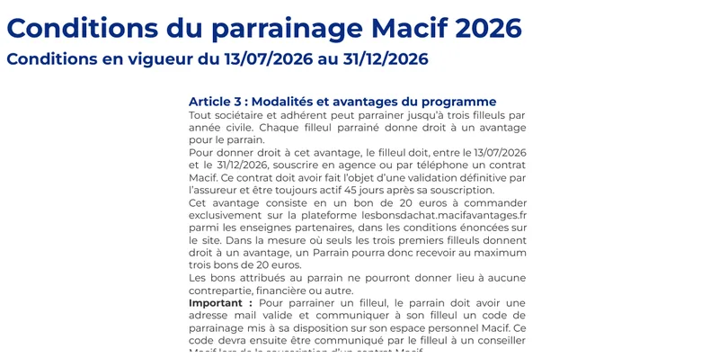 Conditions officielles du parrainage Macif 2026 : bon d'achat de 20 euros par filleul pour le parrain, maximum trois filleuls par année civile