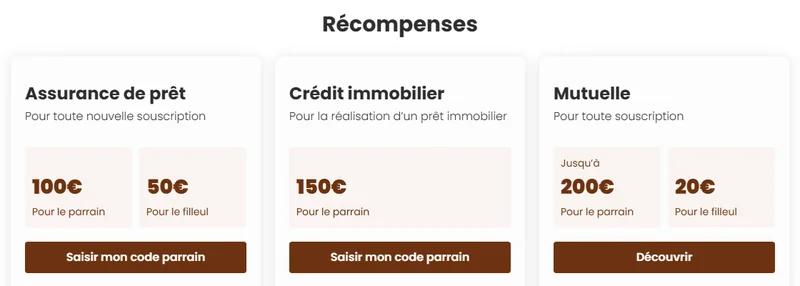 Barème du parrainage Meilleurtaux : 100€ parrain et 50€ filleul en assurance de prêt, 150€ en crédit immobilier, jusqu'à 200€ en mutuelle