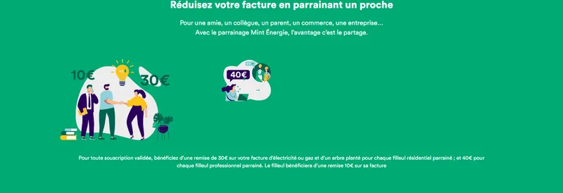 Programme de parrainage Mint Énergie : 10€ de remise pour le filleul, 30€ pour le parrain (40€ si professionnel) et 1 arbre planté par filleul