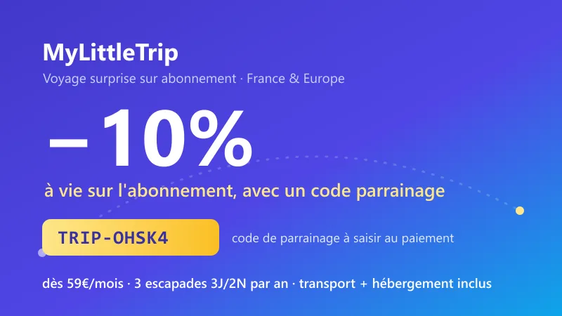 Code parrainage MyLittleTrip TRIP-OHSK4 : -10% à vie sur l'abonnement voyage surprise dès 59€/mois