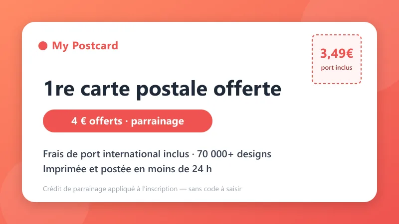 Offre My Postcard : première carte postale offerte via le parrainage (4 € de crédit), tarif unique 3,49 € port international inclus, plus de 70 000 designs