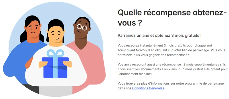 Parrainage NordVPN sur le site officiel : 3 mois gratuits pour le parrain, 3 mois pour le filleul sur les abonnements 1 ou 2 ans