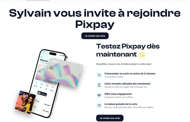 Page d'invitation du parrainage Pixpay : « Sylvain vous invite à rejoindre Pixpay », carte commandée en 2 minutes