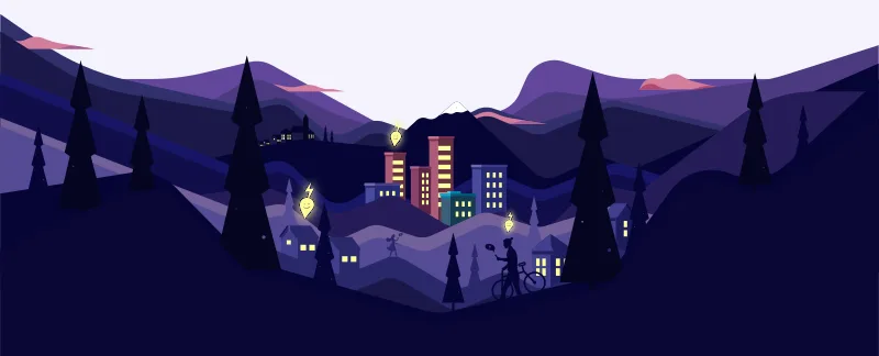 Illustration officielle Survoltage : un village éclairé la nuit et des ampoules-éclair EWATT, symbole des points de flexibilité convertibles en euros (25 000 EWATT = 5€)