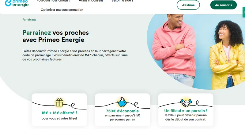 Parrainage Primeo Énergie : 15€ pour le parrain et 15€ pour le filleul, jusqu'à 750€ pour 50 filleuls par an