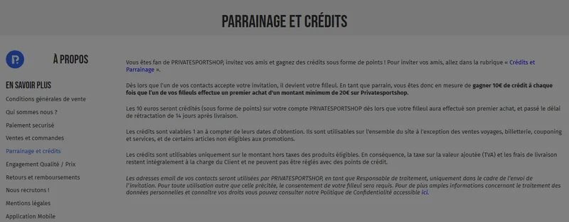 Page officielle Parrainage et crédits Private Sport Shop : 10€ de crédit par filleul dès 20€ d'achat