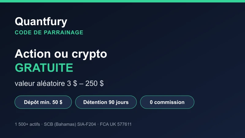 Code de parrainage Quantfury : action ou crypto gratuite d'une valeur aléatoire de 3 $ à 250 $, après un dépôt de 50 $ et une détention de 90 jours