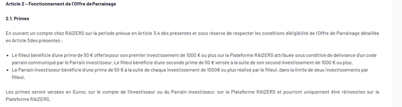 Règlement du parrainage Raizers : prime de 50 euros pour le filleul et le parrain à chaque investissement de 1 000 euros ou plus, dans la limite de deux investissements
