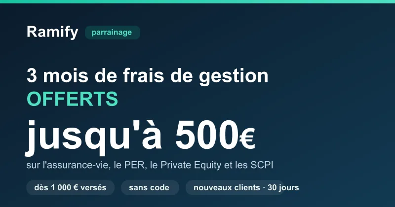 Offre de parrainage Ramify : 3 mois de frais de gestion offerts (jusqu'à 500 €) sur l'assurance-vie, le PER, le Private Equity et les SCPI, dès 1 000 € versés, sans code, pour les nouveaux clients