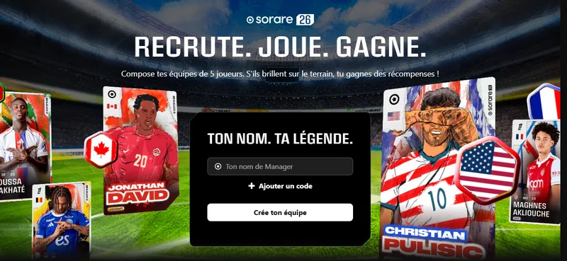 Écran d'inscription Sorare 26 avec le champ Ajouter un code : créez votre équipe après avoir cliqué sur le lien de parrainage