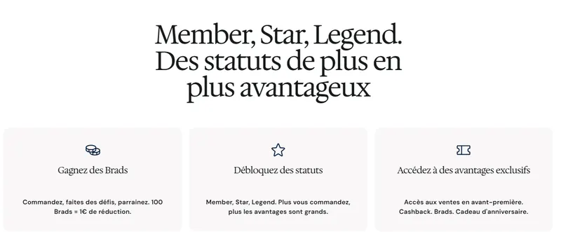 Programme The Club de The Bradery : gagnez des Brads en parrainant (100 Brads = 1€), statuts Member, Star et Legend