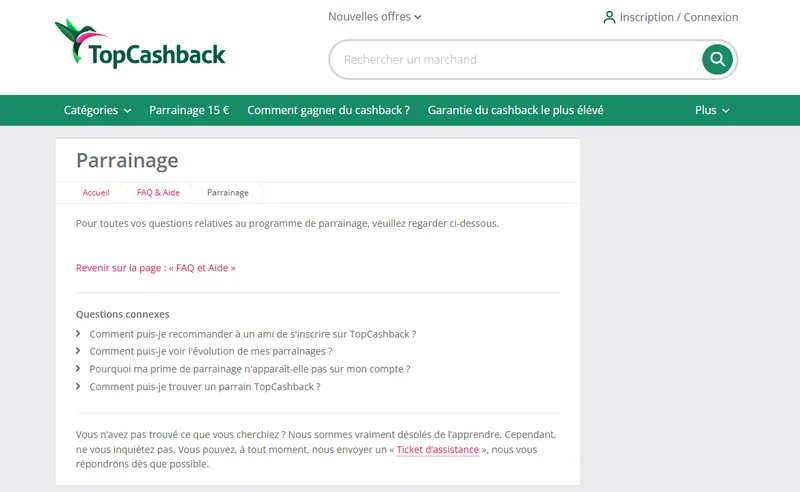 Page parrainage officielle TopCashback : menu « Parrainage 15 € » et FAQ du programme de parrainage
