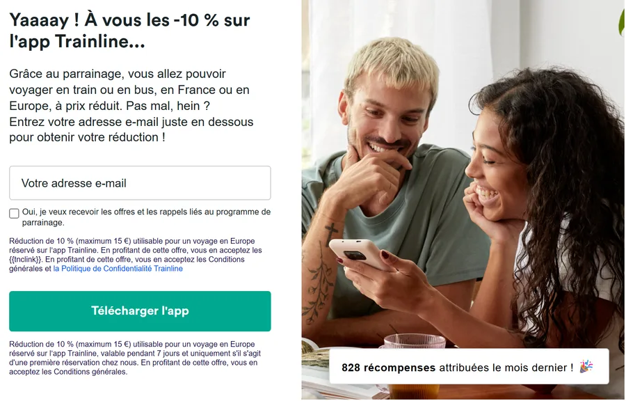 Page de parrainage Trainline : 10 % de réduction plafonnés à 15 € sur l'application, valables 7 jours pour une première réservation