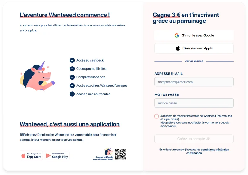 Parrainage Wanteeed : page d'inscription officielle « Gagne 3 € en t'inscrivant grâce au parrainage »