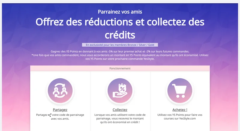 Programme de parrainage YesStyle Friend Rewards : -5% pour le filleul sur son premier achat et -2% sur ses commandes suivantes, le parrain recevant des YS Points