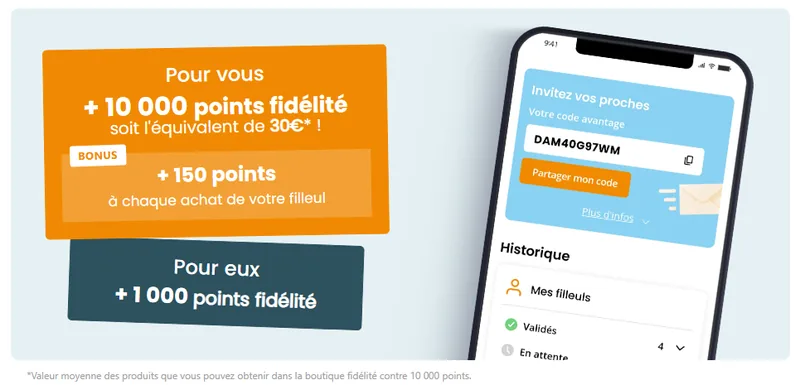 Parrainage Zoomalia : 10 000 points fidélité (≈30€) et 150 points par achat pour le parrain, 1 000 points pour le filleul
