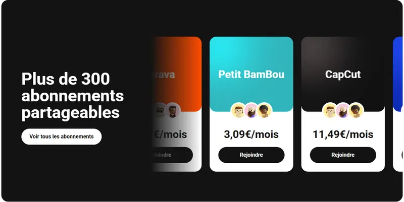 Plus de 300 abonnements partageables sur Spliiit : Petit BamBou à 3,09€/mois, CapCut à 11,49€/mois