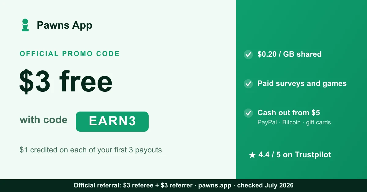 Pawns App referral code EARN3: $3 free at sign-up, credited $1 on each of your first 3 payouts, cash out from $5