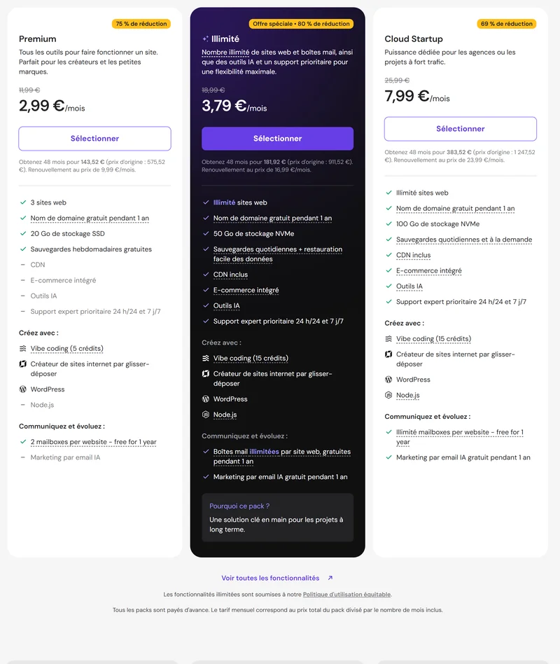Grille tarifaire Hostinger : hebergement web Premium des 2,99 euros/mois, Business Illimite 3,79 euros/mois et Cloud Startup 7,99 euros/mois