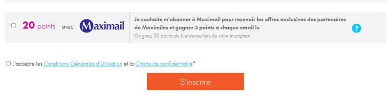 Formulaire d'inscription Maximiles : 20 points de bienvenue avec Maximail et 3 points par email lu