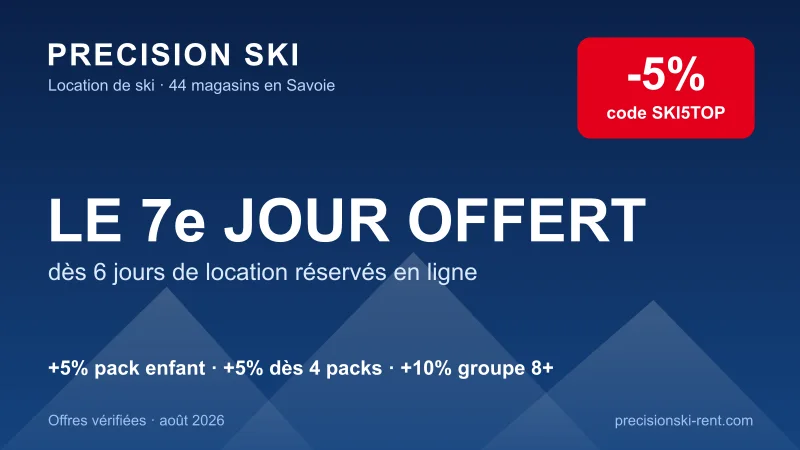 Offre Precision Ski : 7e jour de location de ski offert dès 6 jours réservés en ligne, code SKI5TOP -5% en boutique, +5% pack enfant, +5% dès 4 packs et +10% groupe de 8 personnes, dans 44 magasins de Savoie