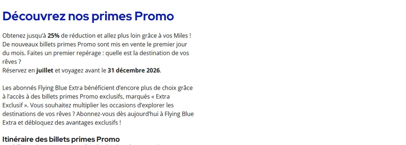 Primes Promo Flying Blue : jusqu'à 25% de réduction en miles, nouvelles destinations le 1er de chaque mois