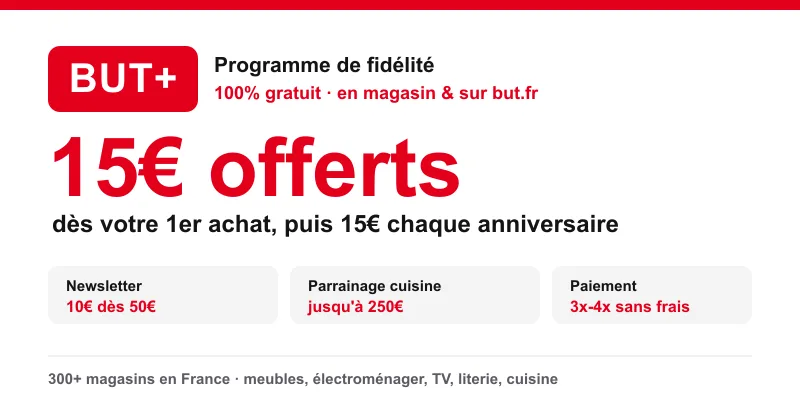 Programme de fidélité BUT+ : 15€ offerts dès le 1er achat et 15€ à l'anniversaire, newsletter 10€ dès 50€, parrainage cuisine jusqu'à 250€