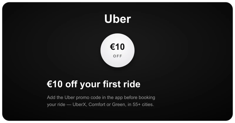 Uber promo code: €10 off your first ride (UberX, Comfort or Green) across 55+ French cities