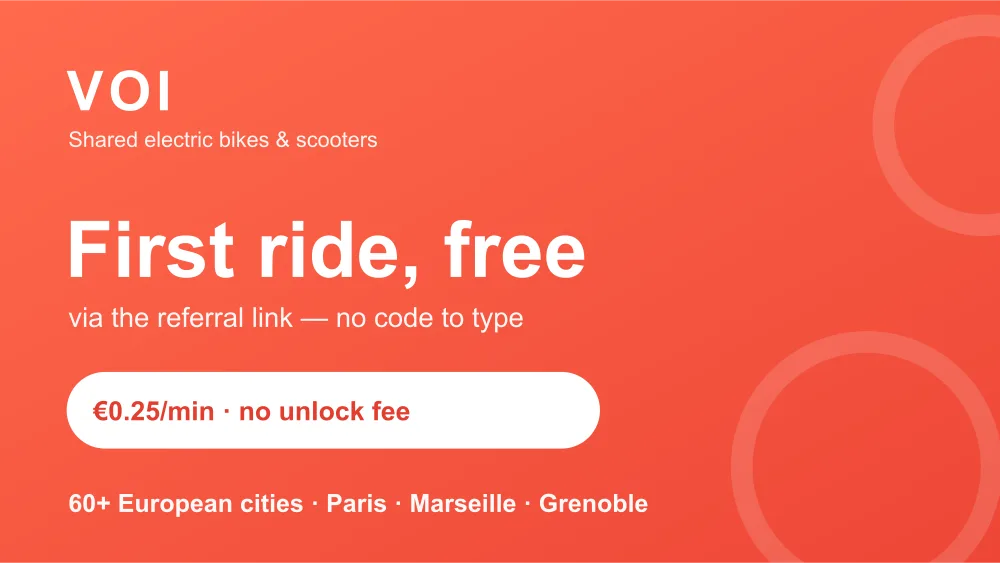 VOI offer: first ride free via the referral link, shared e-bikes and e-scooters at €0.25/min with no unlock fee