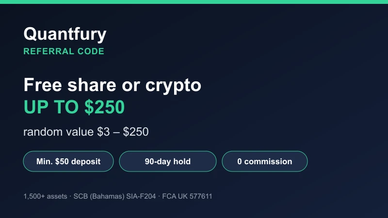 Quantfury referral code: a free share or crypto worth a random $3 to $250, after a $50 deposit and a 90-day holding period