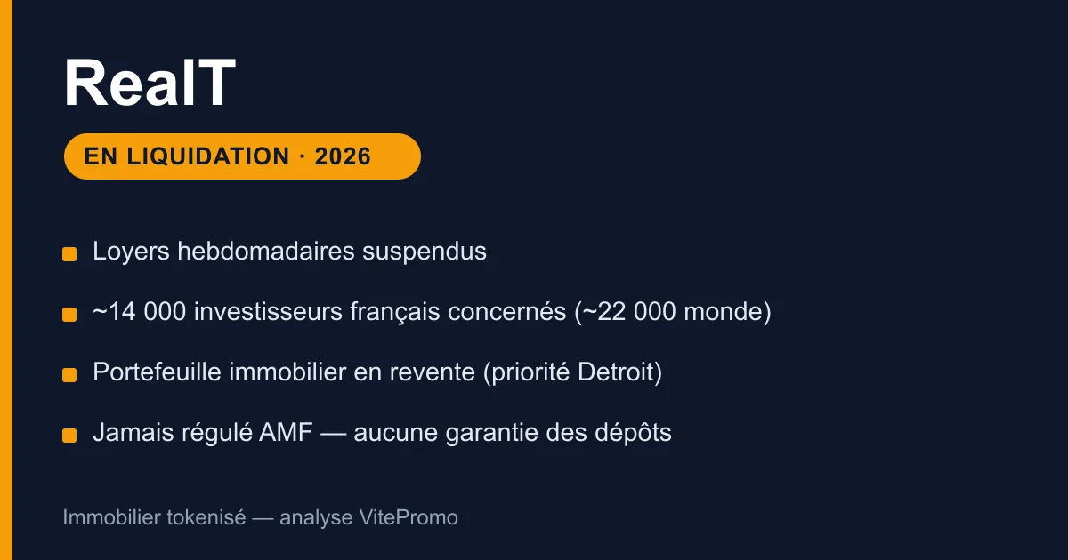 RealT en liquidation judiciaire en 2026 : loyers hebdomadaires suspendus, environ 14 000 investisseurs français concernés, portefeuille immobilier en revente, plateforme non régulée AMF