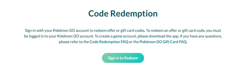 Official Pokémon GO Web Store Code Redemption page: sign in to redeem promo codes