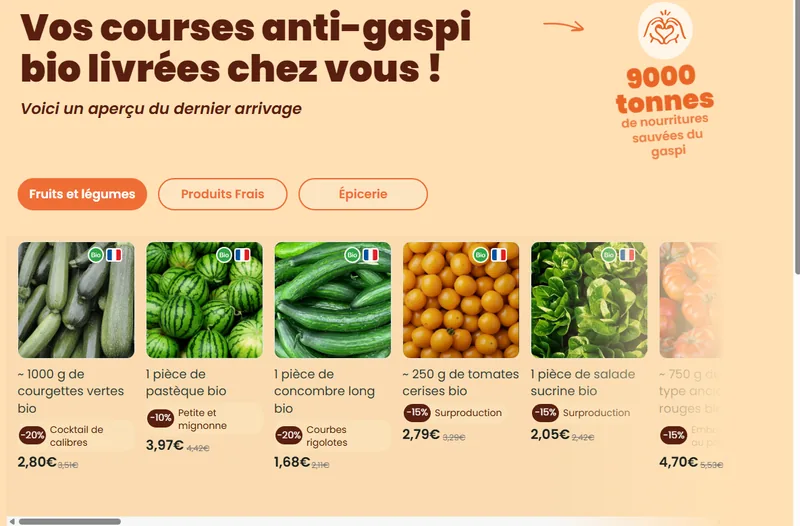 Prix Bene Bono relevés sur benebono.fr : courgettes bio ~1 kg à 2,80€ (-20%), tomates cerises 2,79€ (-15%), pastèque 3,97€ (-10%), avec prix barrés et motif anti-gaspi