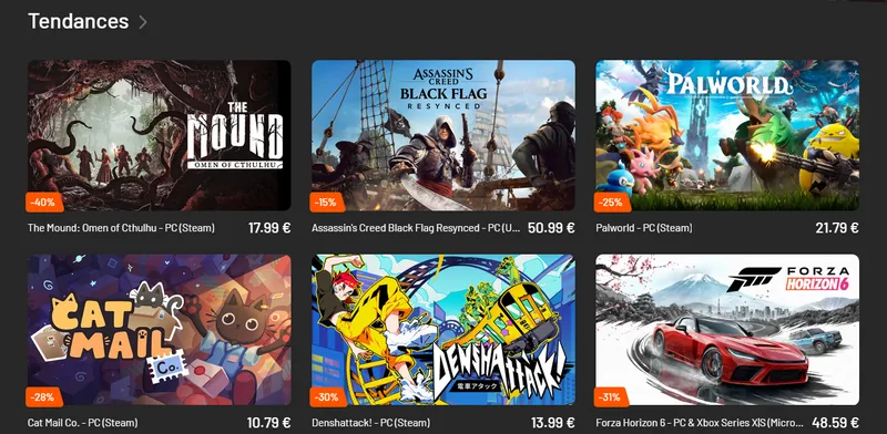 Réductions permanentes Instant Gaming sans code promo : -40%, -25%, -31% sur les jeux tendances