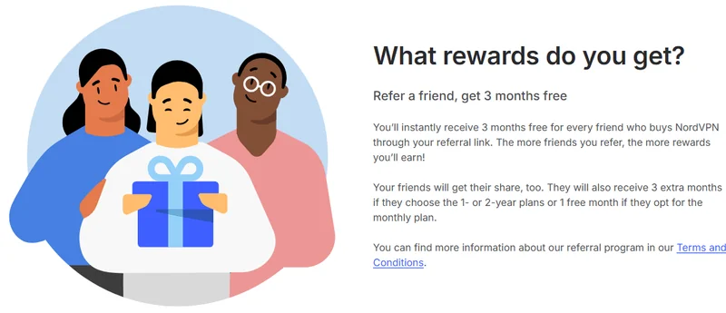 NordVPN refer-a-friend programme on the official site: 3 free months for the referrer, 3 months for the friend on 1- or 2-year plans