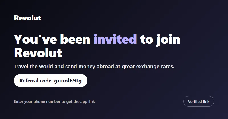 Official Revolut invitation page opened with the referral code gunol69tg: enter your phone number to join the neobank