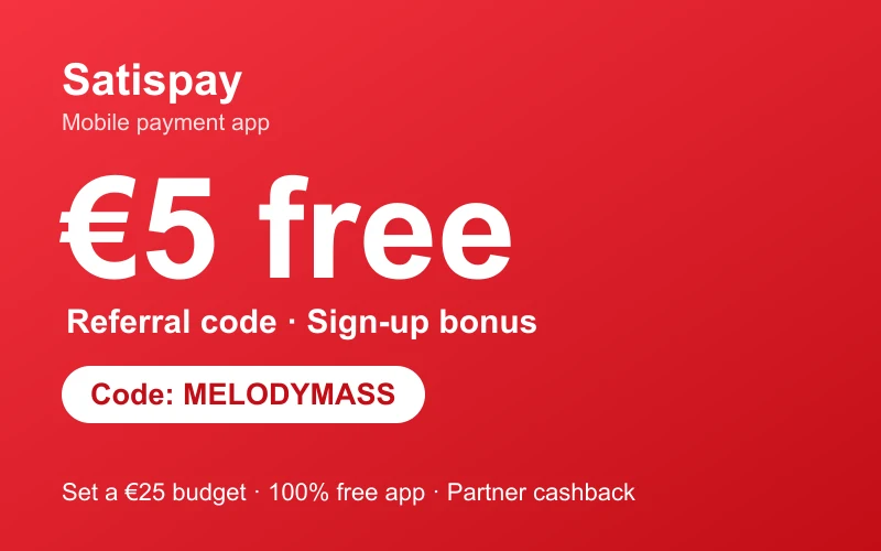 Satispay referral code MELODYMASS: €5 bonus credited after setting a €25 budget in the free mobile payment app