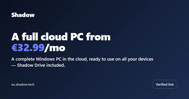 Shadow referral invite page: a full cloud PC from €32.99 per month
