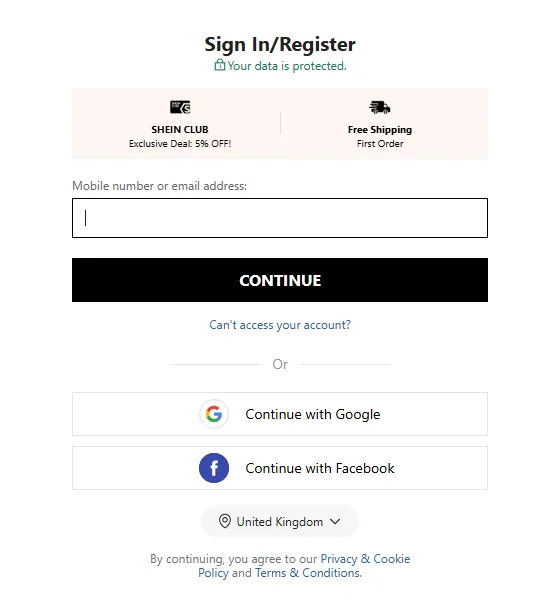 Shein Sign In/Register page showing SHEIN Club 5% off and free shipping on the first order