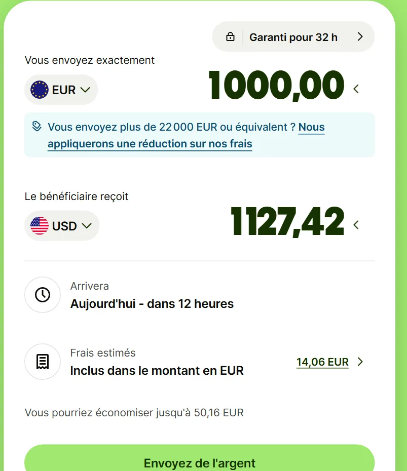 Simulateur Wise : 1 000€ envoyés en USD, 14,06€ de frais estimés au taux mid-market, arrivée sous 12 heures