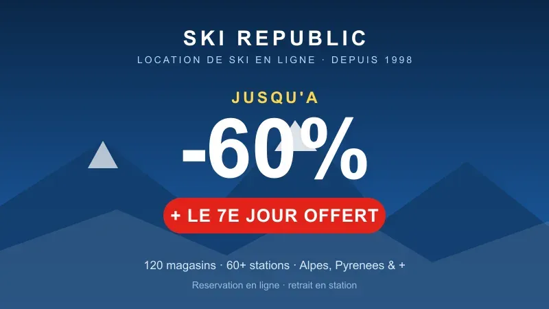 Carte promo Ski Republic : jusqu'à -60% sur la location de ski en ligne et le 7ème jour offert