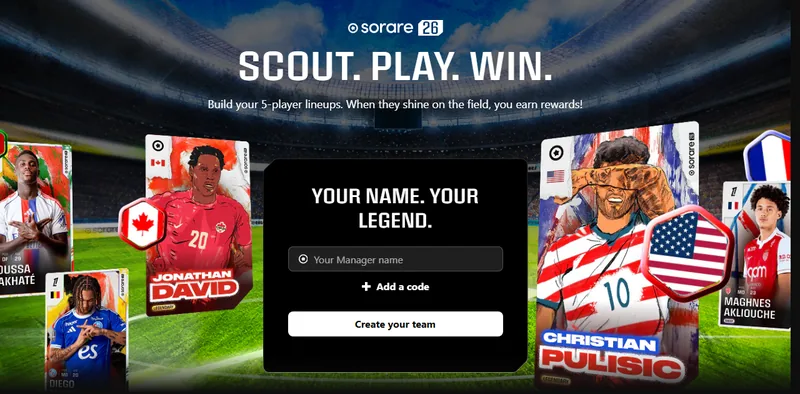 Sorare 26 sign-up screen with the Add a code option, shown after opening a referral link