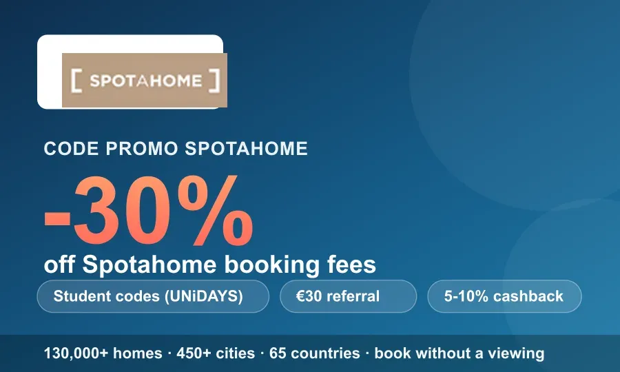 Spotahome promo code: up to 30% off booking fees via student (UNiDAYS) and partner codes, €30 referral and 5-10% cashback — 130,000+ verified homes across 450+ cities in 65 countries